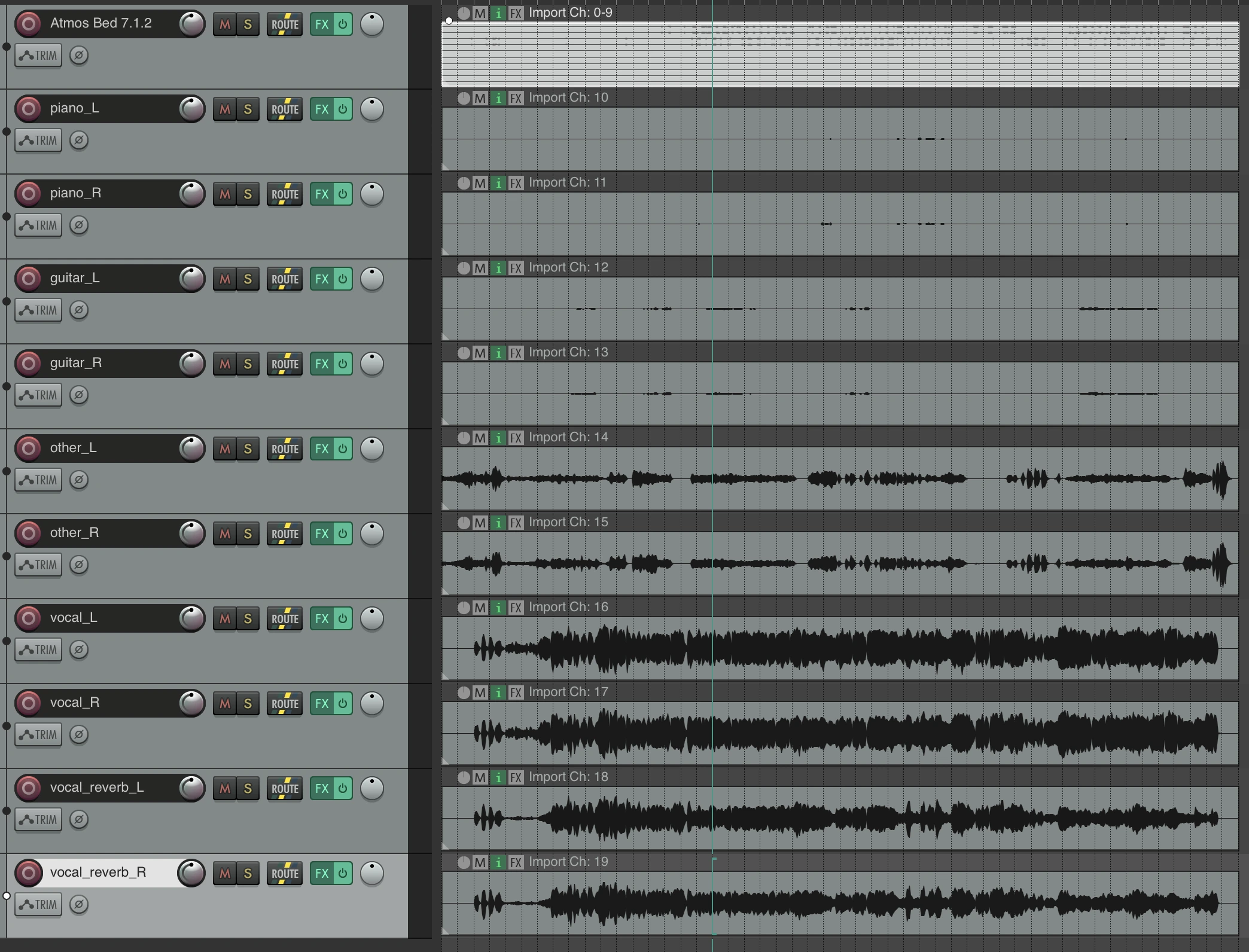 Dolby Atmos track layout with separated stems and spatial channels